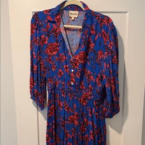 Blue & Red Floral Mini Dress with V-Neck